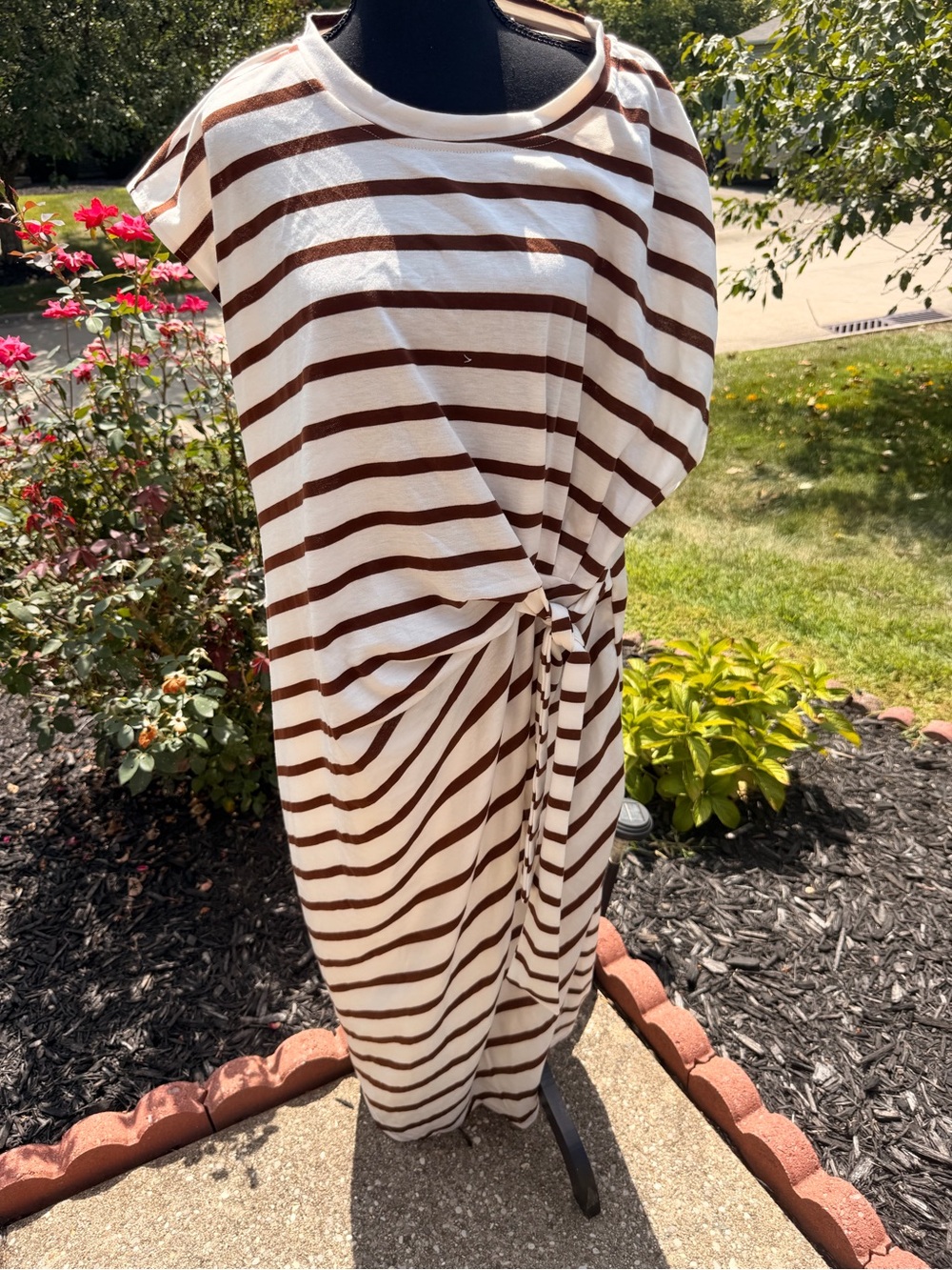 Brown & White Striped Midi Dress